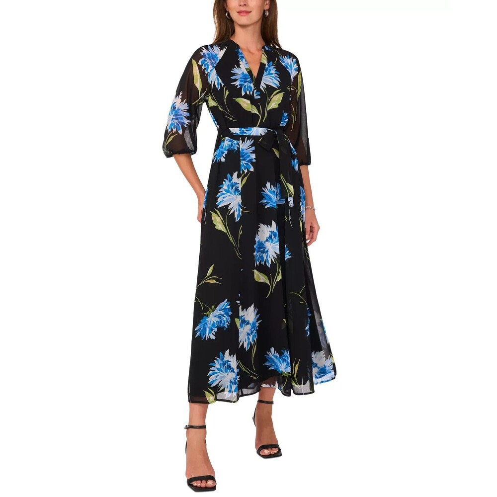 Vince Camuto Women's 3/4-Raglan Sleeve Belted Floral Maxi Dress Black Blue XS